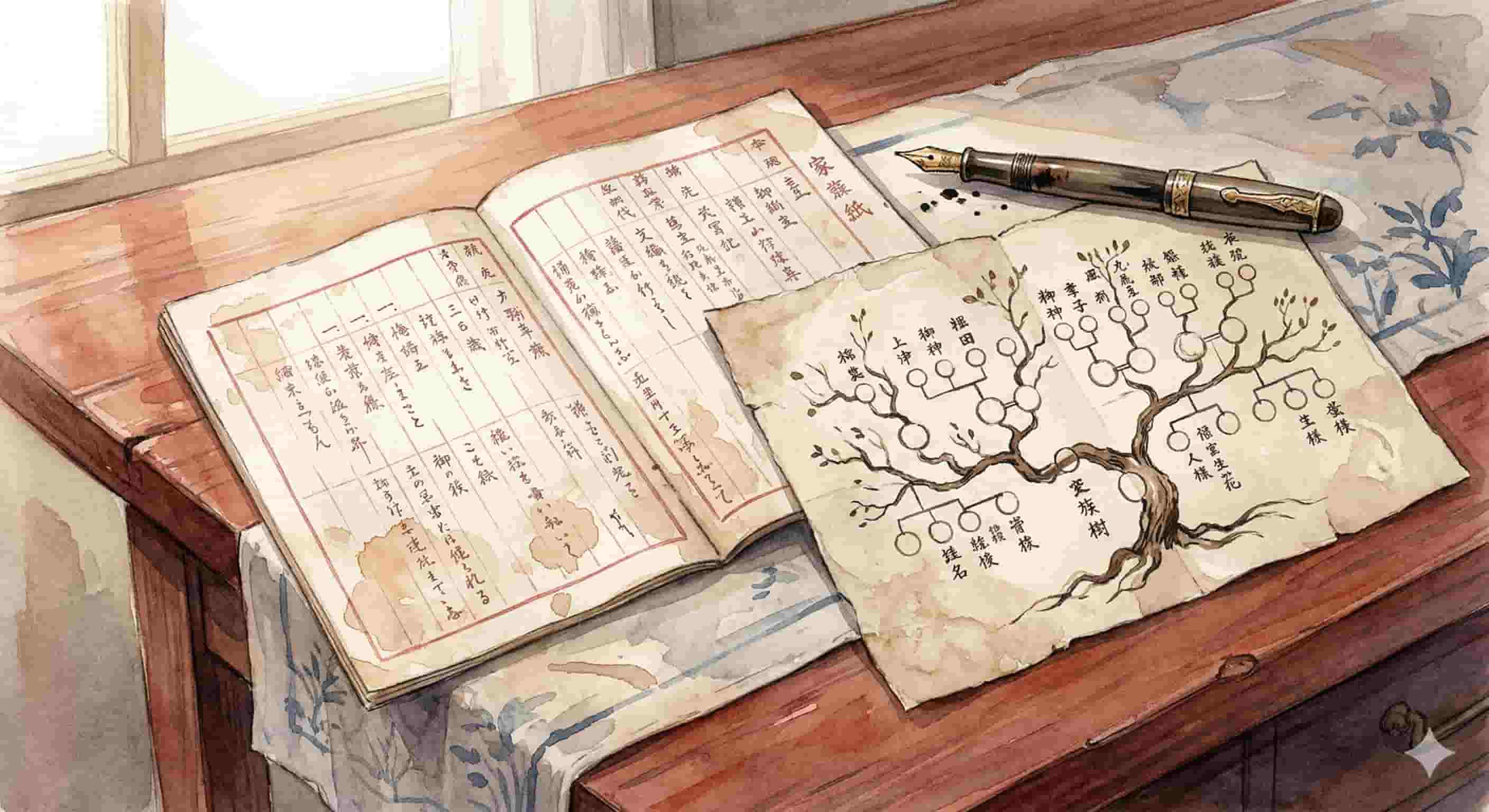 古びた家系図と戸籍謄本。その上にはペンが置いてある。