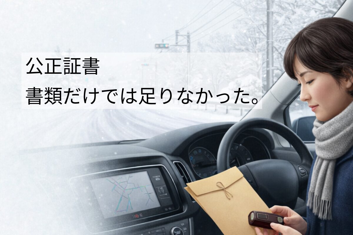 大雪の社内の中。公正証書書類と印鑑を見つめている女性。
