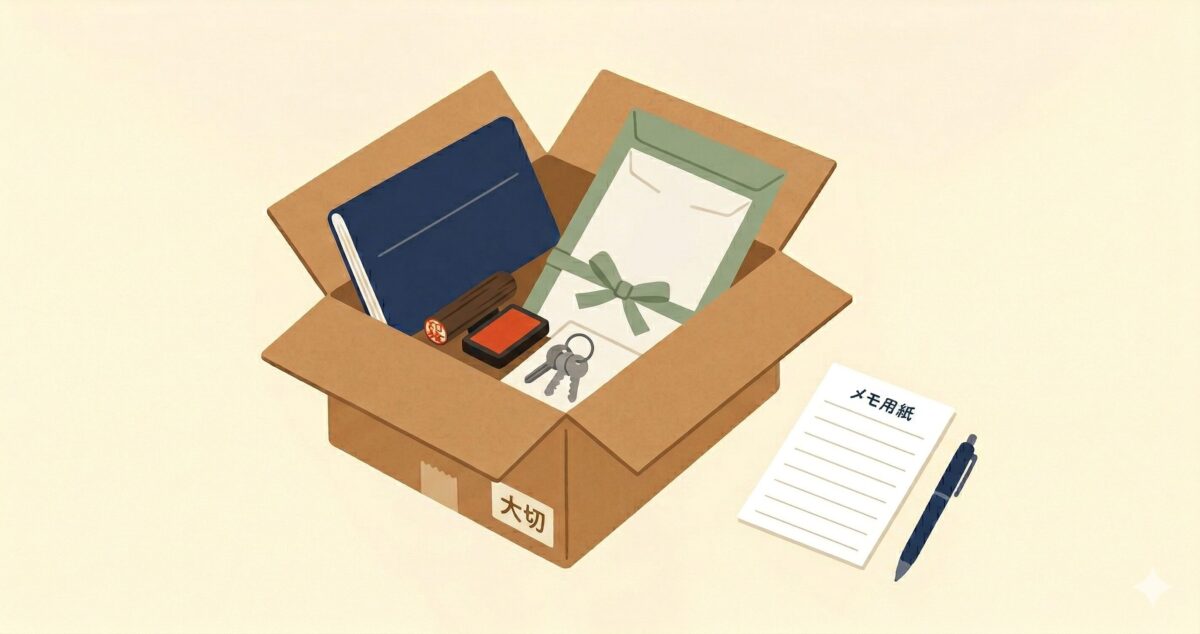 「大切」と書かれた段ボール箱に通帳・印鑑・鍵・重要書類が整理されている救出ボックスのイラスト