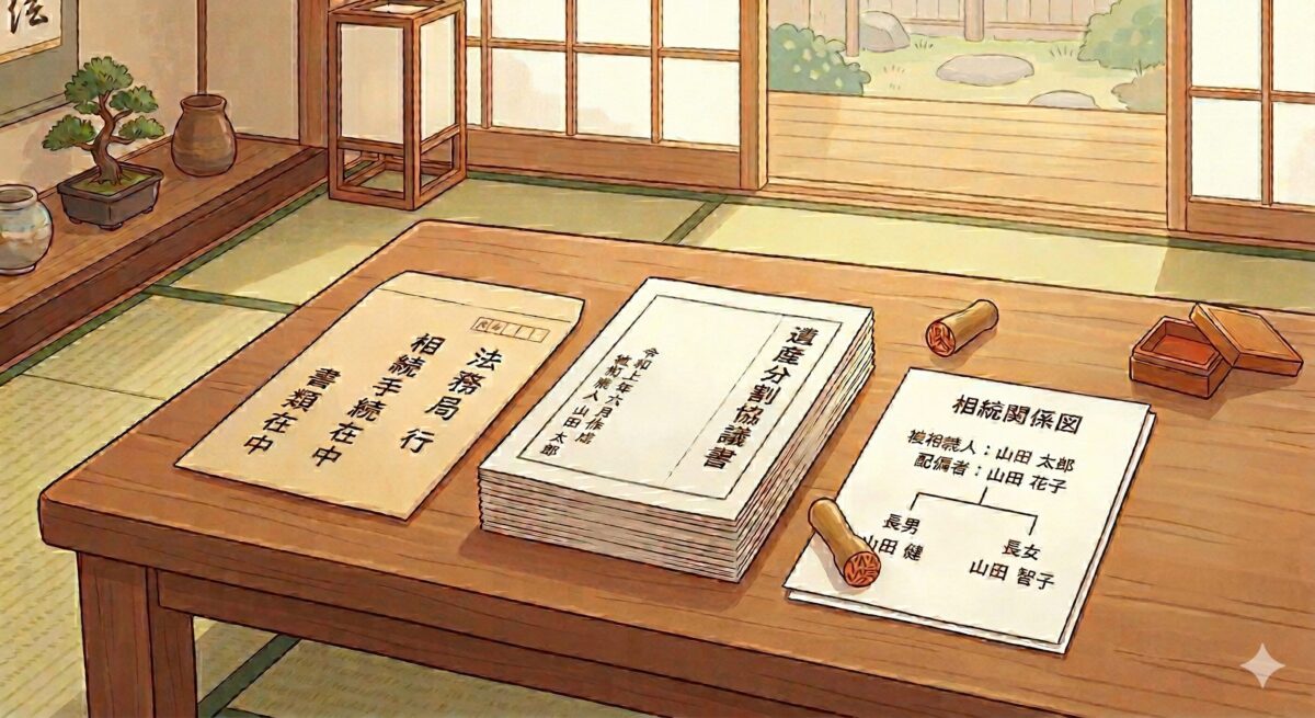 法務局宛の封筒・遺産分割協議書の束・相続関係図と印鑑が和室の机に並ぶイラスト