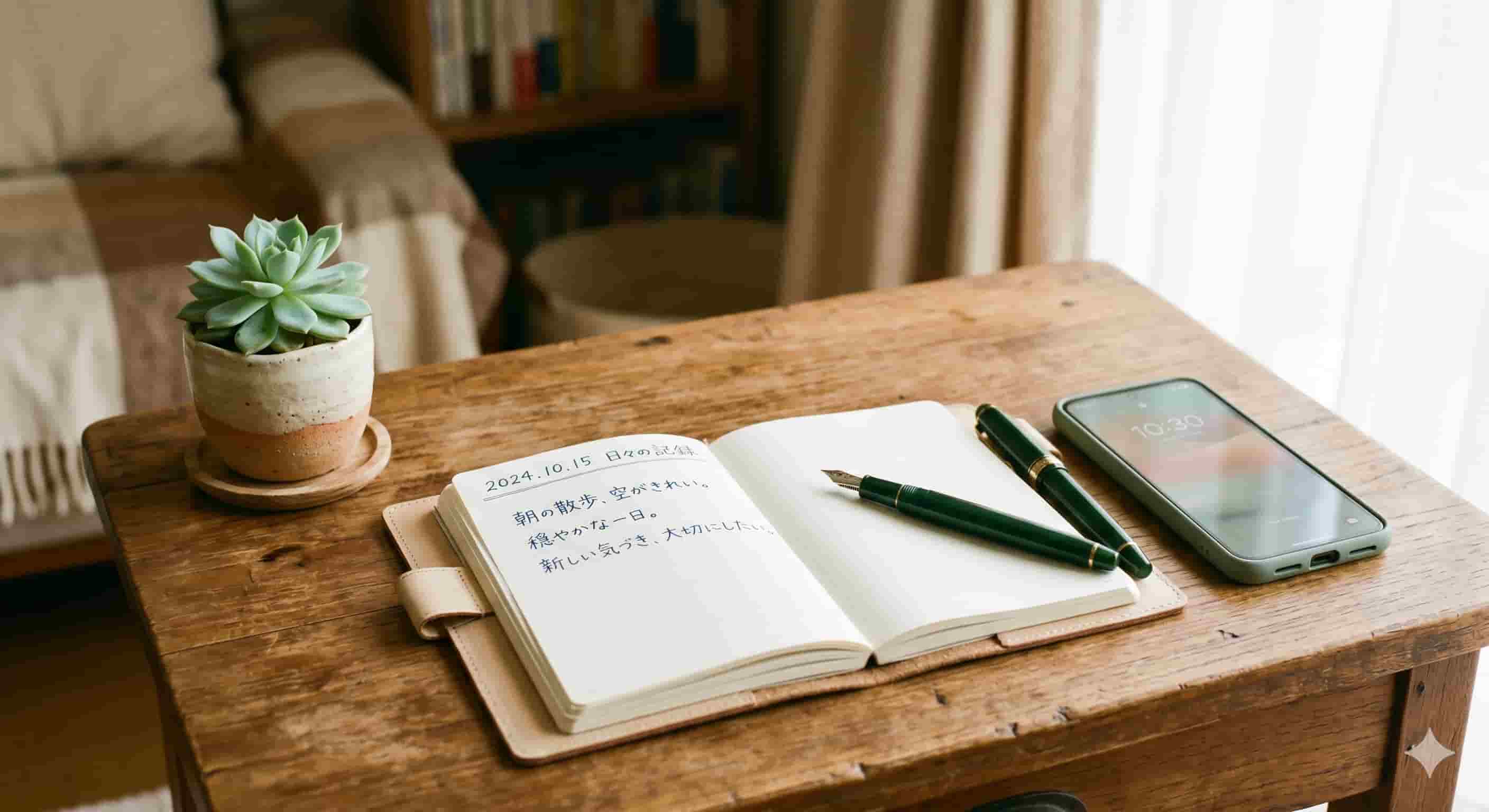 木製のデスクに開いたノート・万年筆・スマートフォンと多肉植物が並ぶ。 デジタル遺品整理の備えを記録するイメージ。